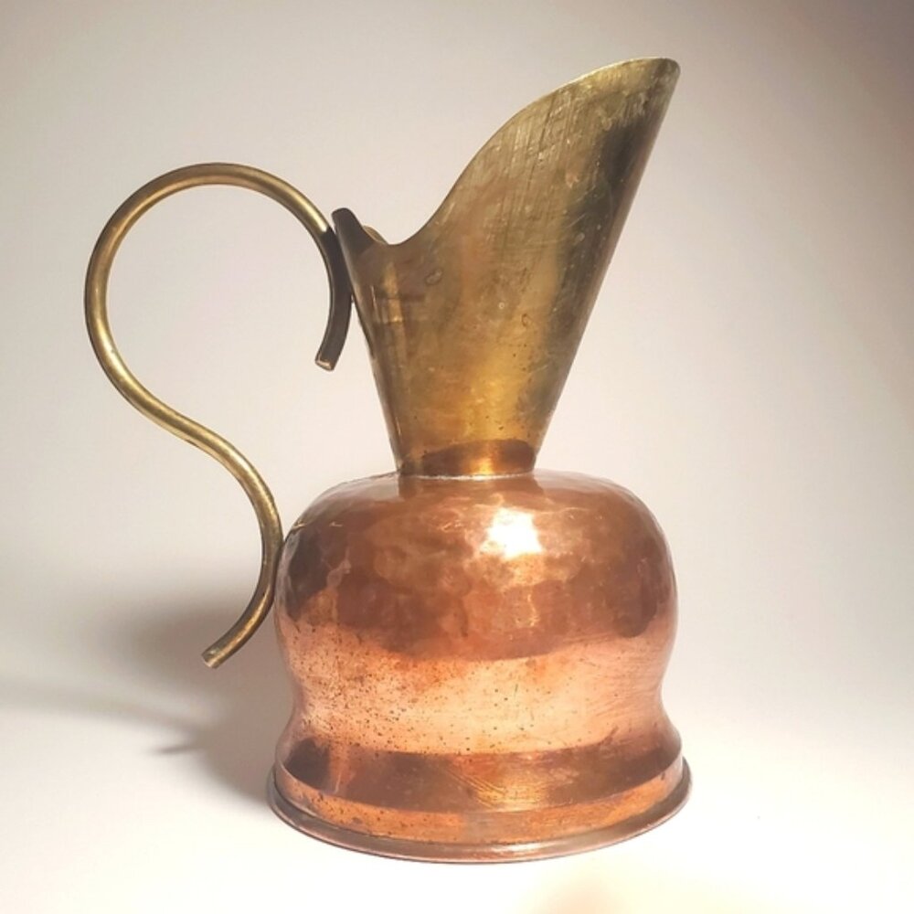 ANTIQUE Copper Pitcher Jug with Brass Accents & Petina Farmhouse Style